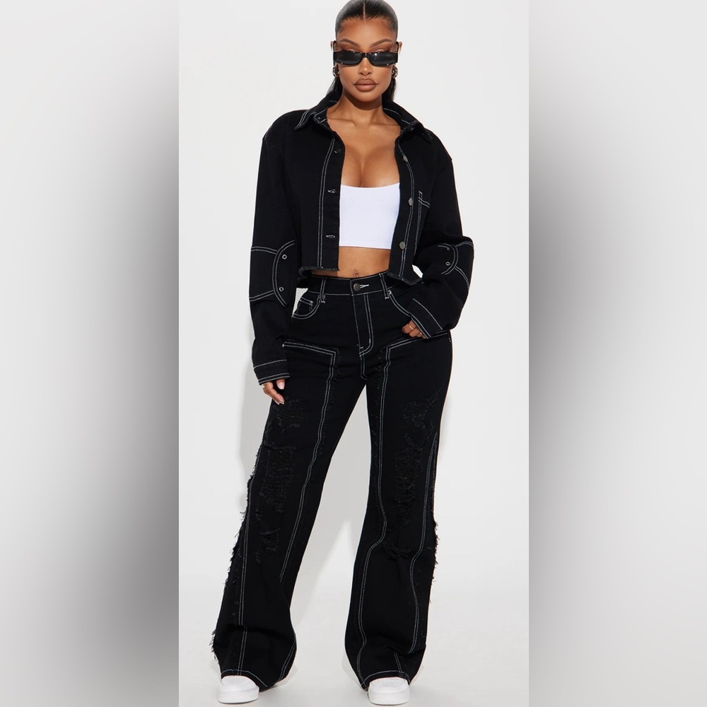 Fashion Nova Black Distressed jeans and jacket - “seeing you tonight” set